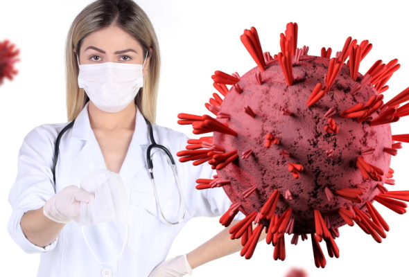 Female healthcare worker wearing mask and gloves next to a 3D red virus model
