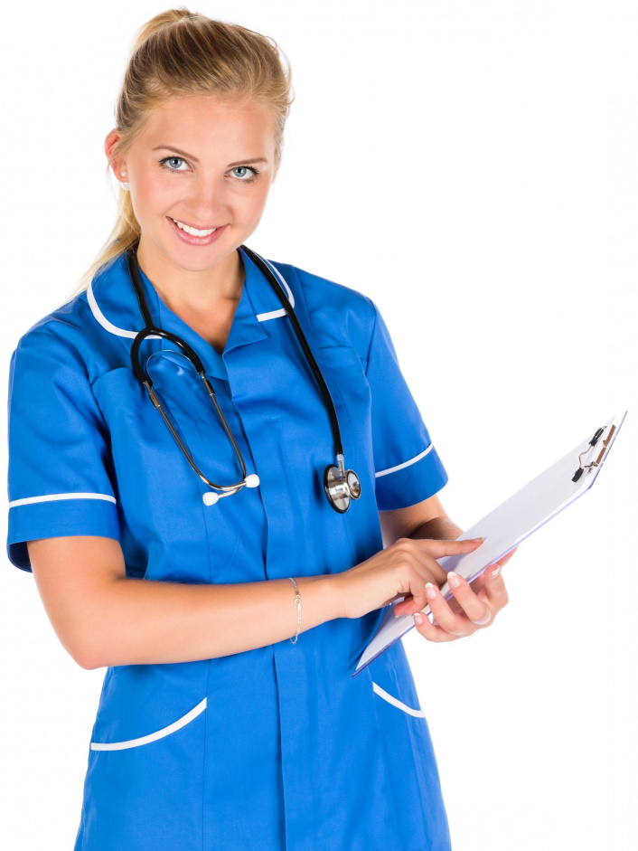 Smiling nurse in blue scrubs holding a medical clipboard
